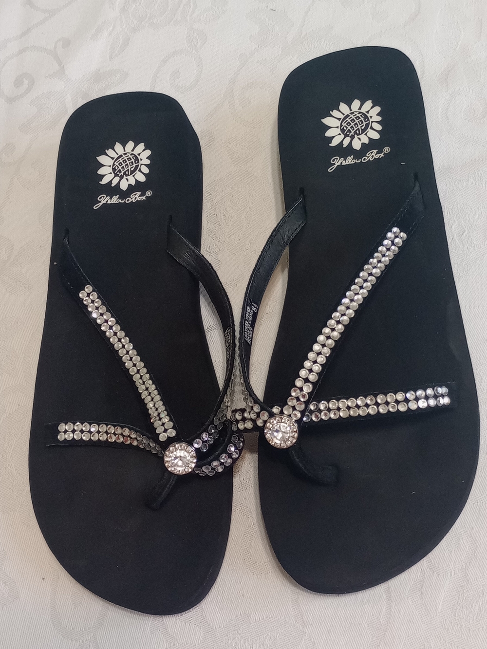 Yellow Box Black Rhinestone Embellished Flip Flop Sandals